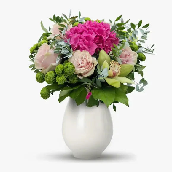 Buchet cu hortensie, cymbidium si santini